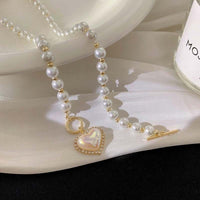 Thumbnail for Chic Toggle Clasp Heart Pendant Pearl Chain Choker Necklace - ArtGalleryZen