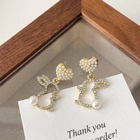 Thumbnail for Cute CZ Inlaid Dangling Pearl Heart Rabbit Earrings - ArtGalleryZen