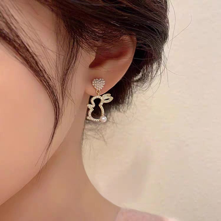 Cute CZ Inlaid Dangling Pearl Heart Rabbit Earrings - ArtGalleryZen