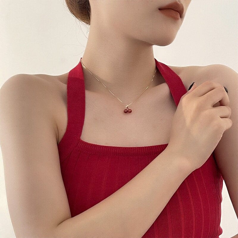 Dainty 18K Gold Filled CZ Inlaid Crystal Cherry Pendant Necklace Earrings Set - ArtGalleryZen