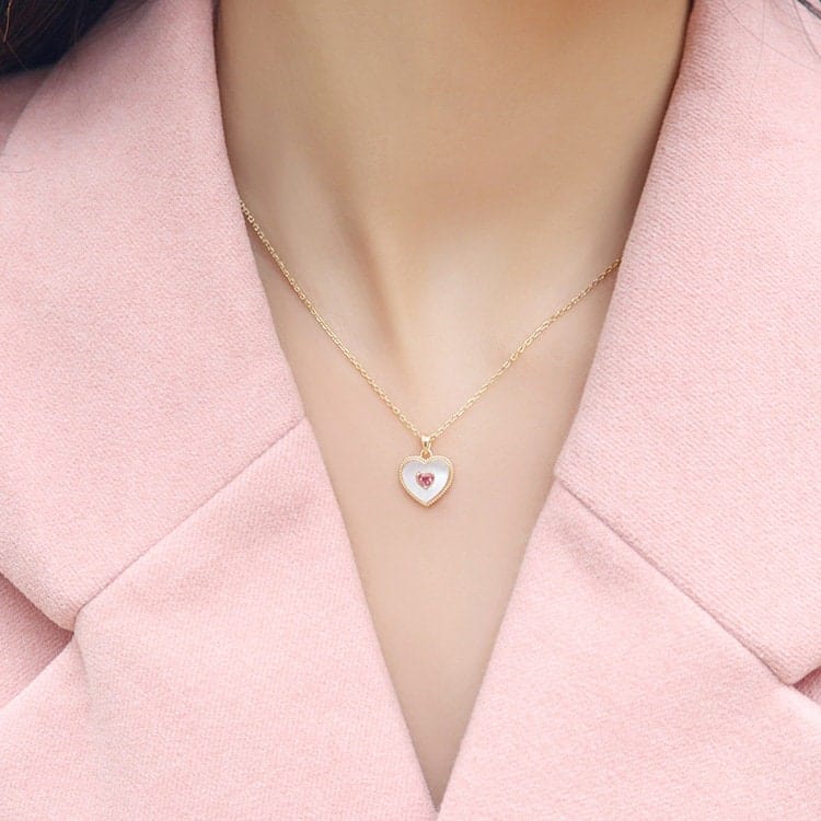 Dainty 18K Gold Filled Rhinestone Inlaid Natural Shell Heart Pendant Necklace - ArtGalleryZen