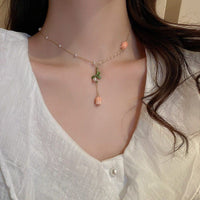 Thumbnail for Dainty 24K Gold Filled Pink Tulip Crystal Pearl Chain Necklace Earrings Set - ArtGalleryZen