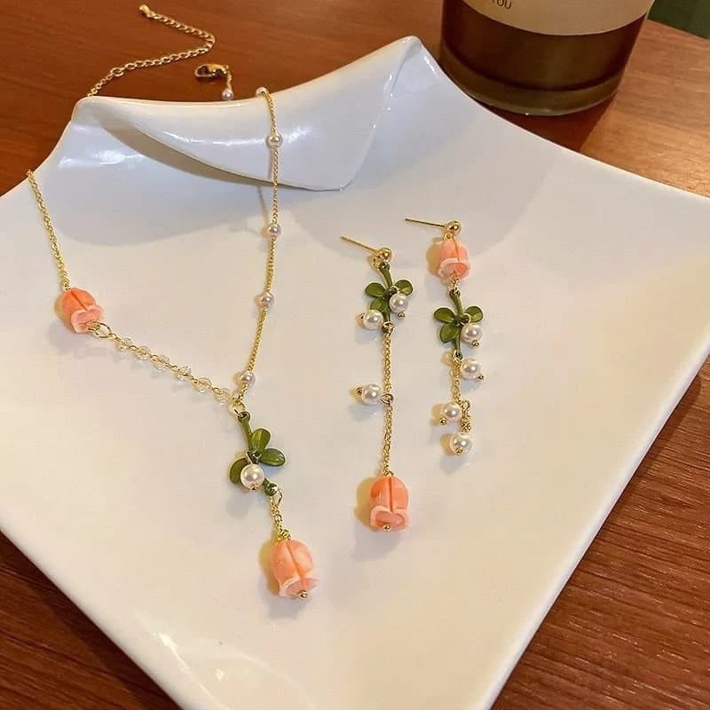 Dainty 24K Gold Filled Pink Tulip Crystal Pearl Chain Necklace Earrings Set - ArtGalleryZen