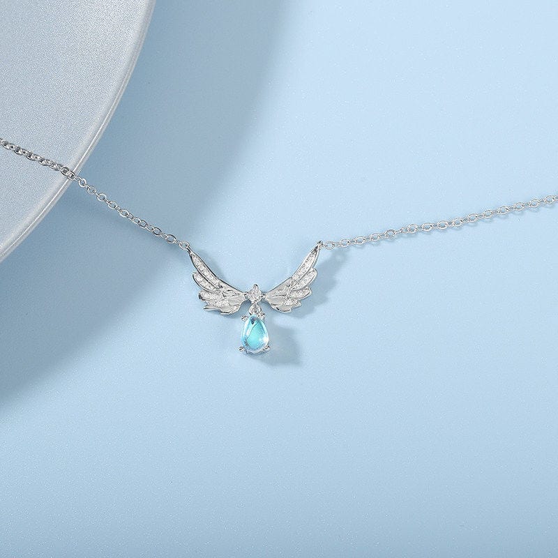 Dainty CZ Inalid Crystal Waterdrop Angel Wings Necklace - ArtGalleryZen