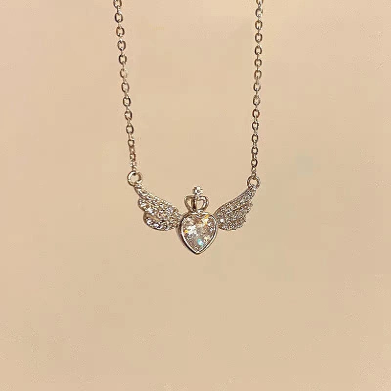 Dainty CZ Inlaid Crown Heart Angel Wings Necklace - ArtGalleryZen