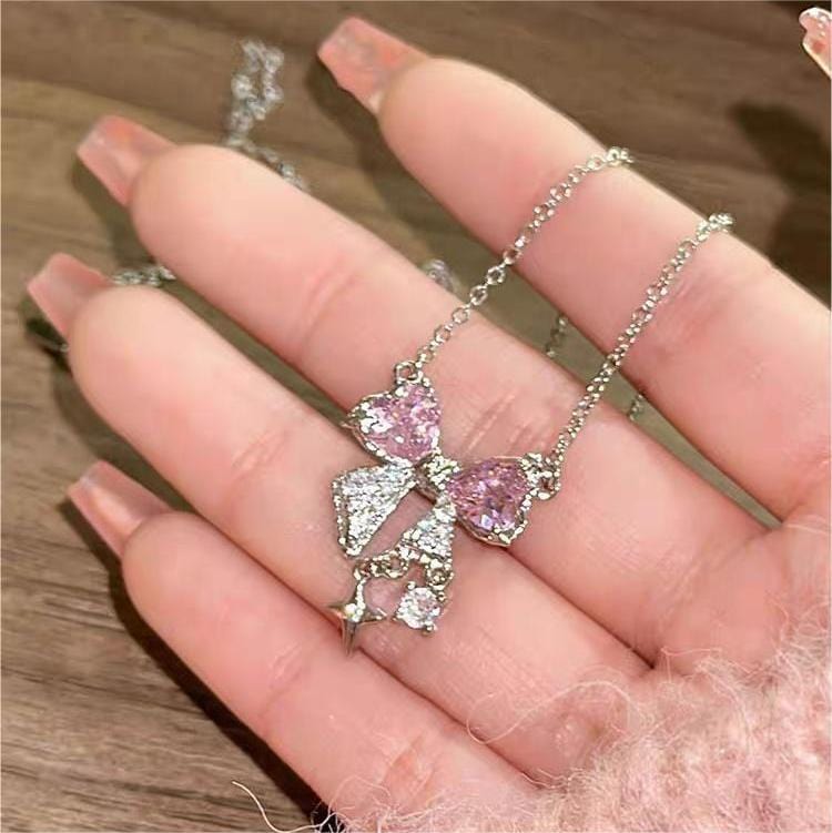 Dainty CZ Inlaid Crystal Bowknot Star Necklace - ArtGalleryZen