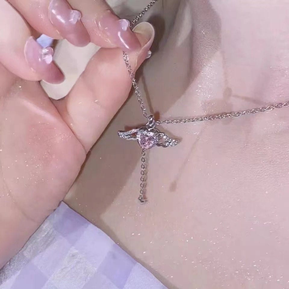 Dainty CZ Inlaid Pink Crystal Cupid Heart Wings Necklace - ArtGalleryZen