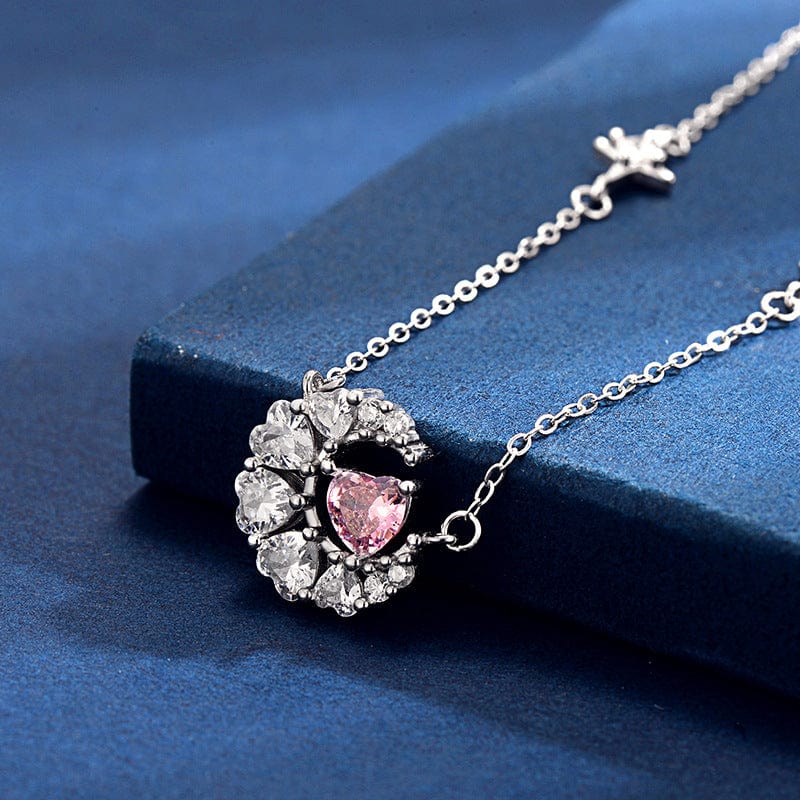 Dainty CZ Inlaid Crystal Heart Moon Phase Necklace - ArtGalleryZen