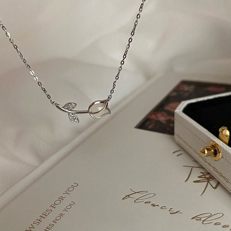 Dainty CZ Inlaid Natural Opal Tulip Chain Necklace - ArtGalleryZen