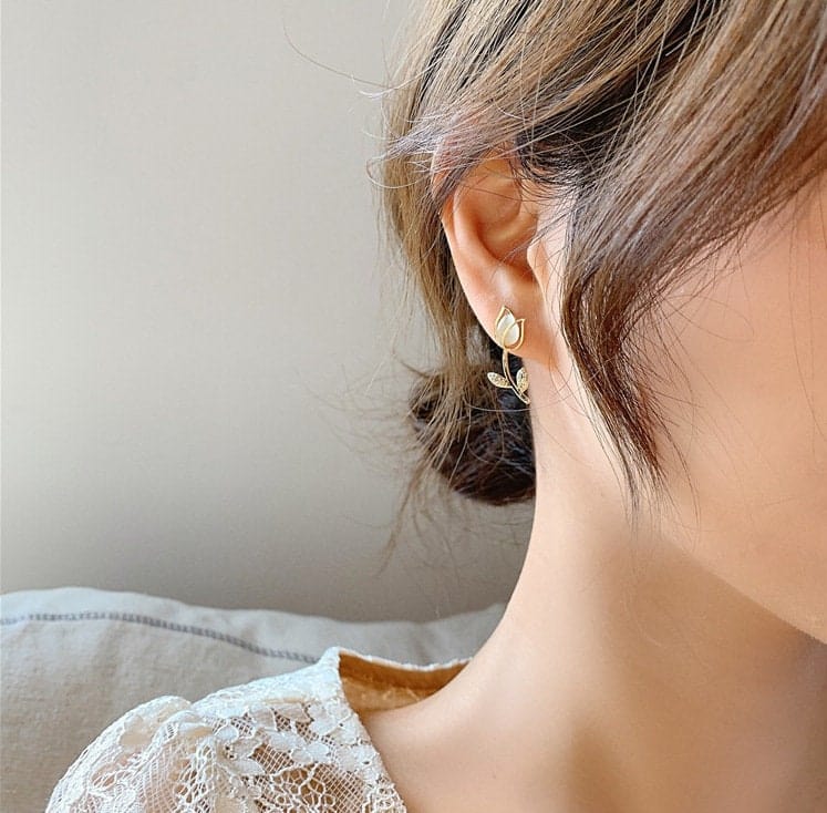 Dainty CZ Inlaid Natural Opal Tulip Earrings - ArtGalleryZen