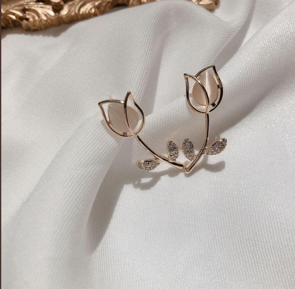 Dainty CZ Inlaid Natural Opal Tulip Earrings - ArtGalleryZen