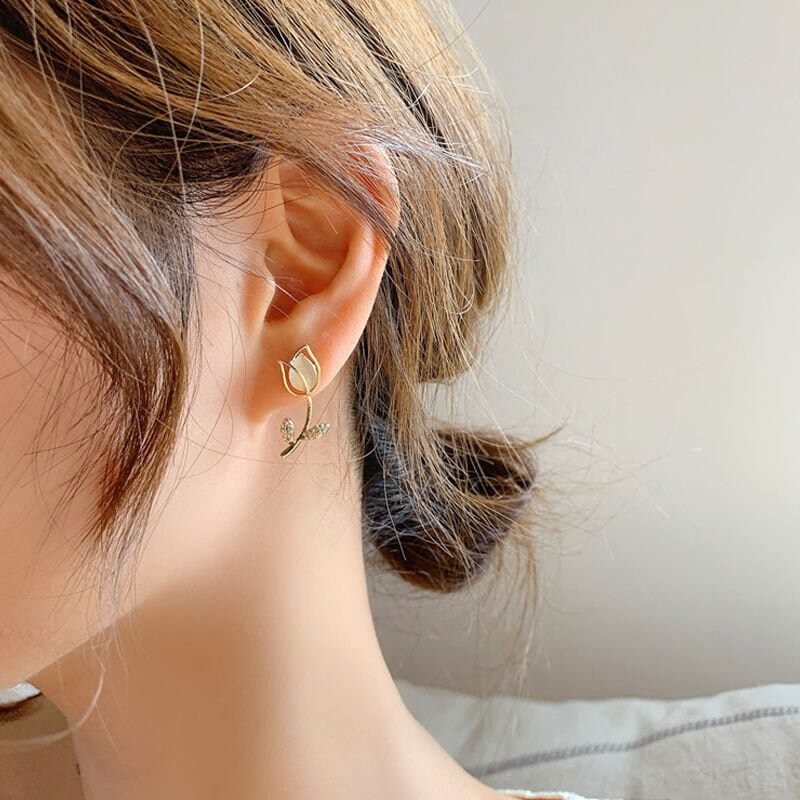 Dainty CZ Inlaid Natural Opal Tulip Earrings - ArtGalleryZen