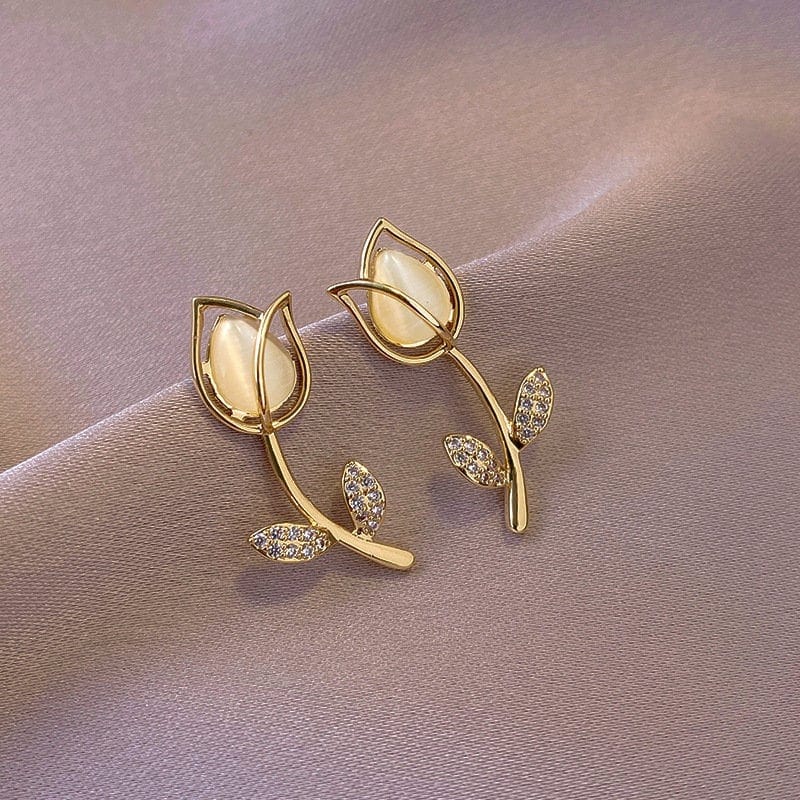 Dainty CZ Inlaid Natural Opal Tulip Earrings - ArtGalleryZen