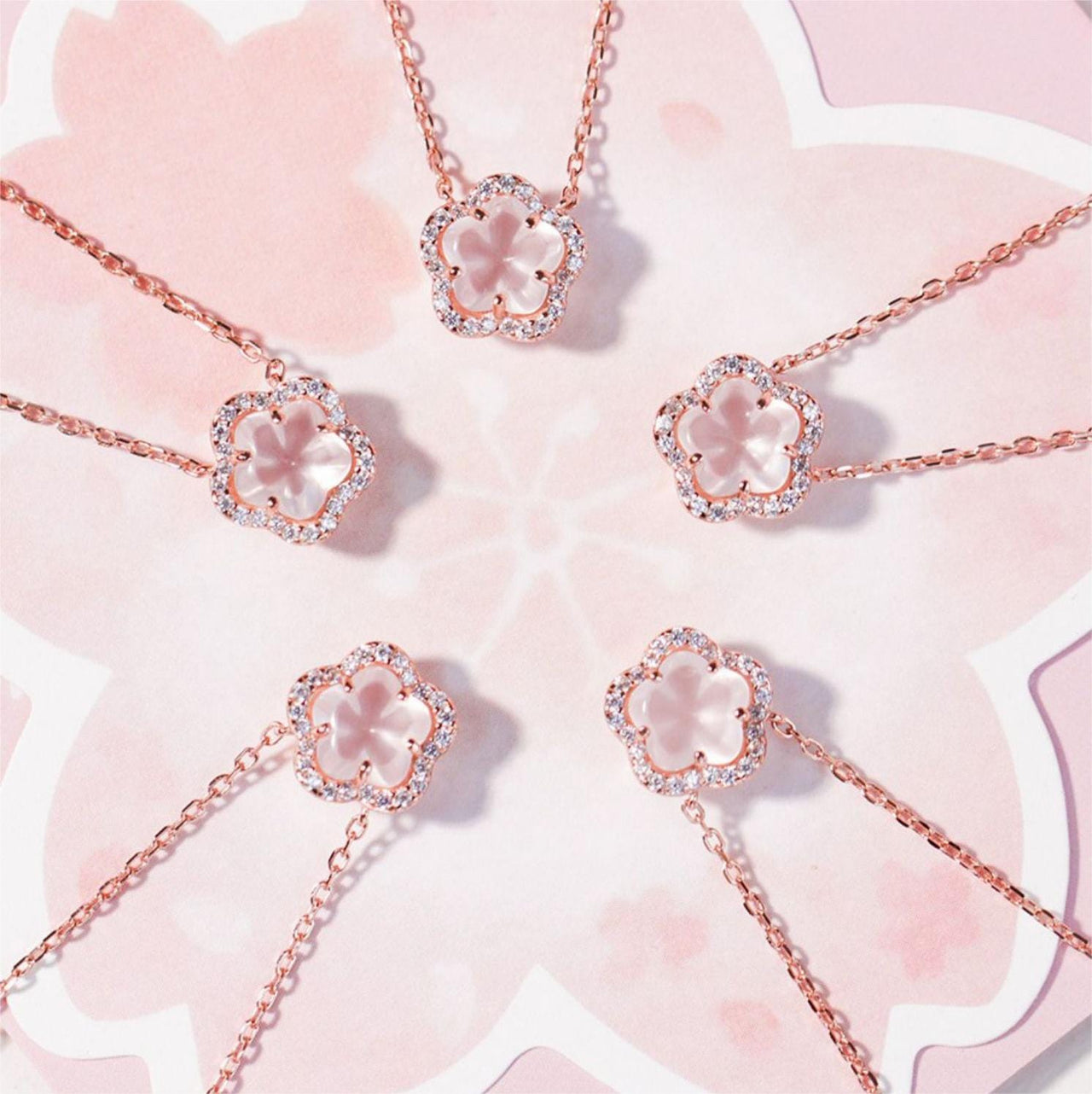 Dainty CZ Inlaid Pink Cherry Blossom Necklace - ArtGalleryZen