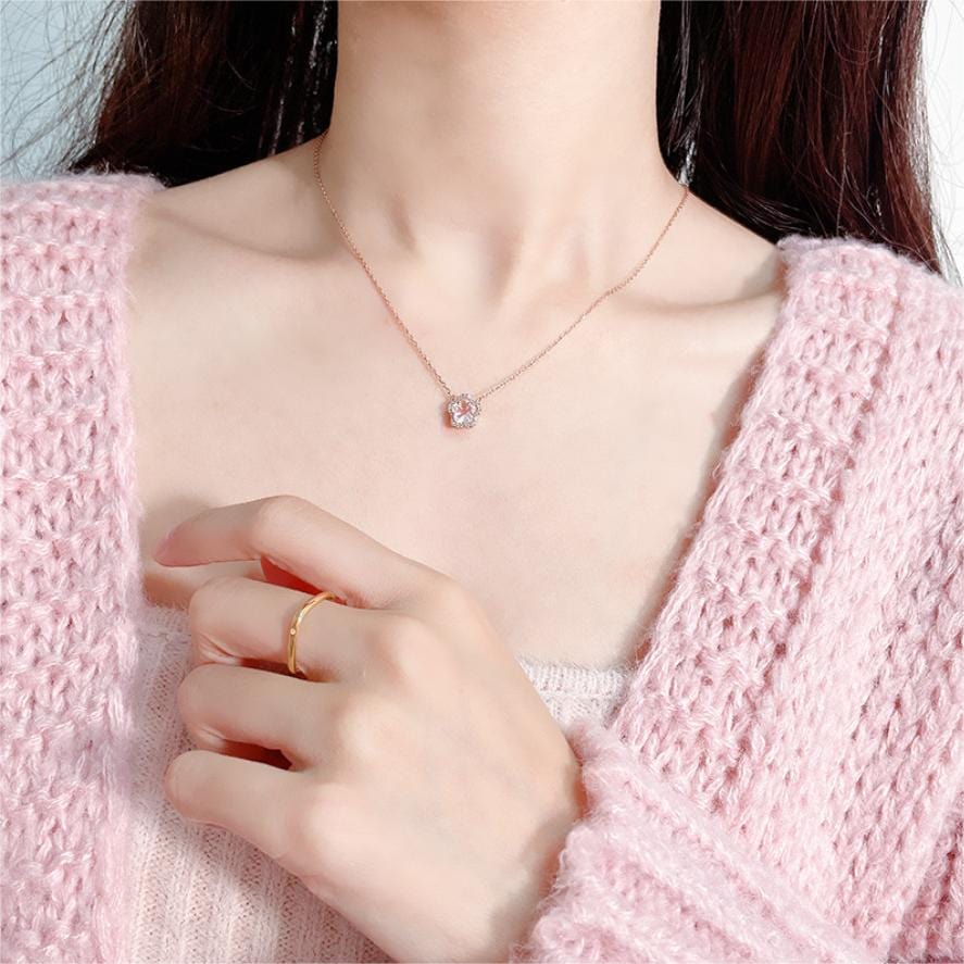 Dainty CZ Inlaid Pink Cherry Blossom Necklace - ArtGalleryZen