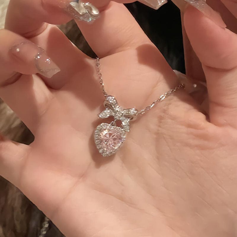 Dainty CZ Inlaid Pink Crystal Bowknot Heart Necklace - ArtGalleryZen