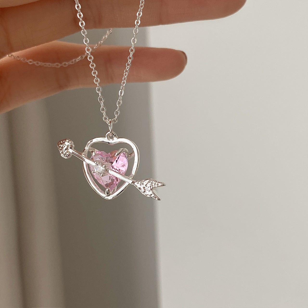 Dainty CZ Inlaid Pink Crystal Cupid Arrow Heart Necklace - ArtGalleryZen
