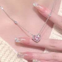 Thumbnail for Dainty CZ Inlaid Pink Crystal Heart Necklace - ArtGalleryZen