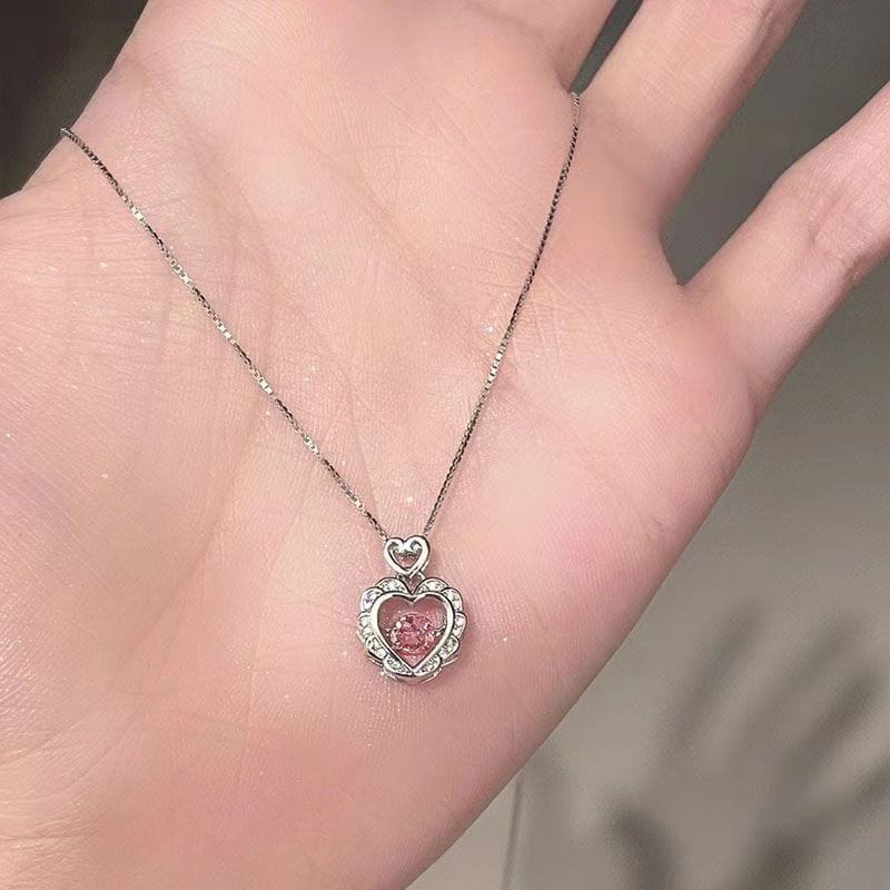 Dainty CZ Inlaid Pink Crystal Rolling Heart Pendant Necklace - ArtGalleryZen
