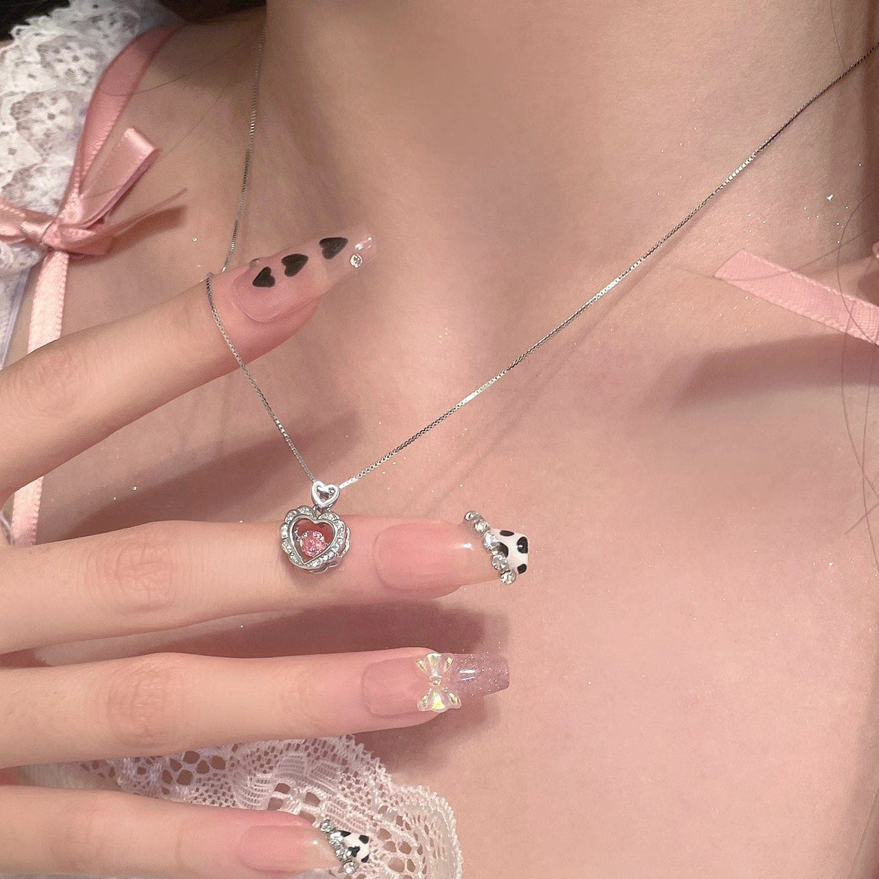 Dainty CZ Inlaid Pink Crystal Rolling Heart Pendant Necklace - ArtGalleryZen