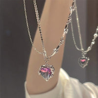 Thumbnail for Dainty Layered CZ Inlaid Purple Crystal Heart Pendant Star Chain Necklace - ArtGalleryZen