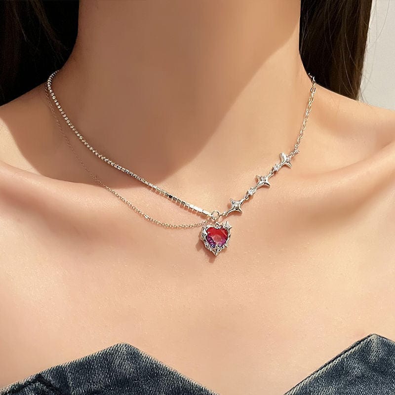 Dainty Layered CZ Inlaid Purple Crystal Heart Pendant Star Chain Necklace - ArtGalleryZen