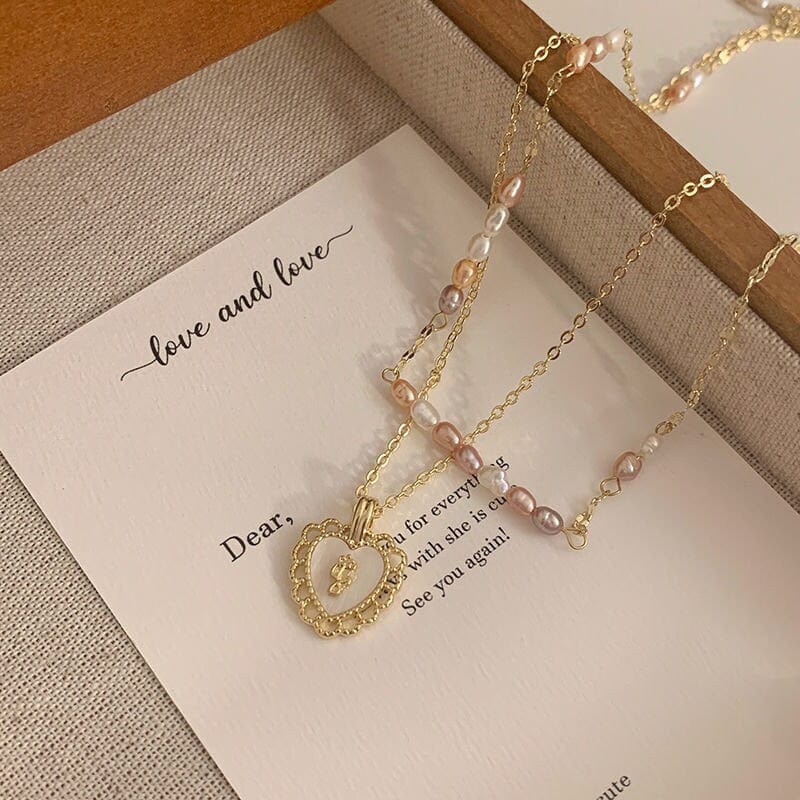 Dainty Layered Floral Heart Pendant Pearl Chain Choker Necklace Set - ArtGalleryZen