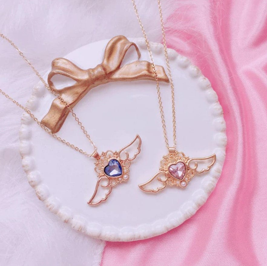 Dainty Pearl Inlaid Colorful Crystal Angel Heart Wings Necklace - ArtGalleryZen