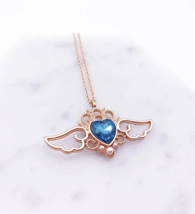 Dainty Pearl Inlaid Colorful Crystal Angel Heart Wings Necklace - ArtGalleryZen