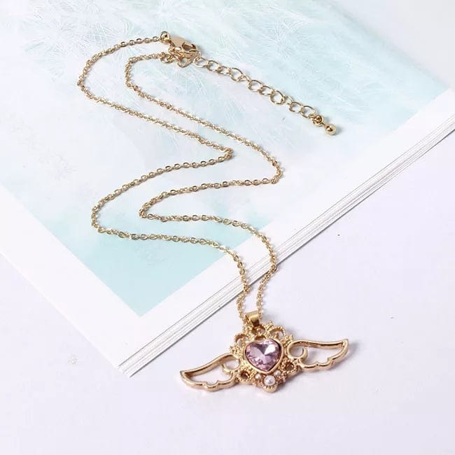 Dainty Pearl Inlaid Colorful Crystal Angel Heart Wings Necklace - ArtGalleryZen