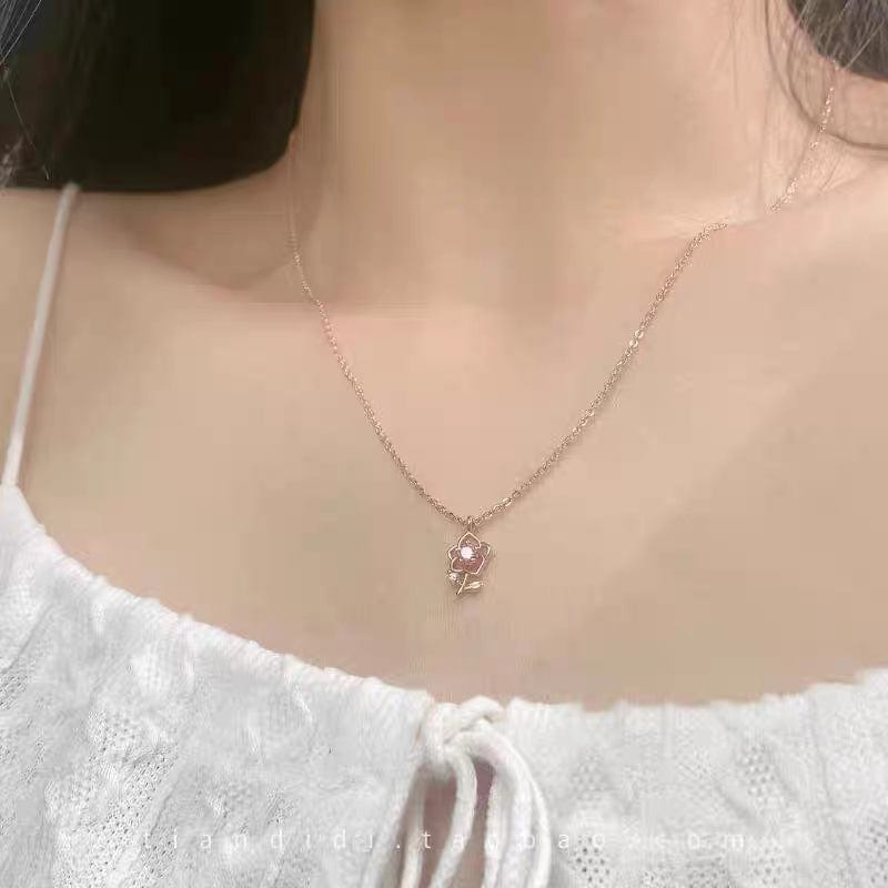 Dainty Pink Crystal Rose Pendant Necklace - ArtGalleryZen