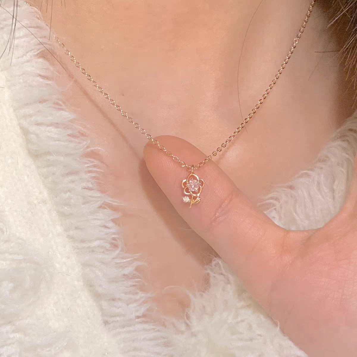 Dainty Pink Crystal Rose Pendant Necklace - ArtGalleryZen