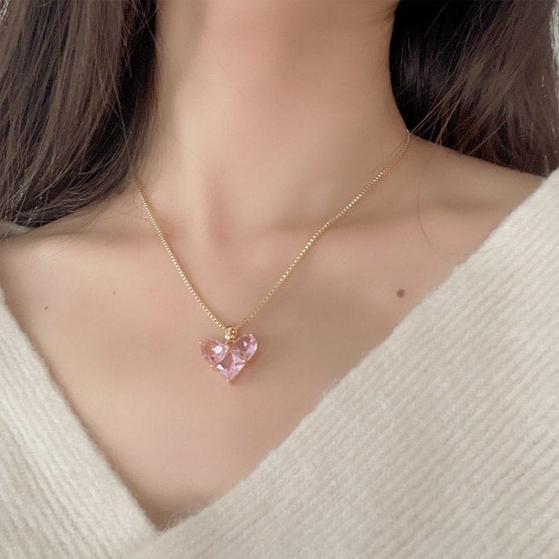 Dainty Pink Rhinestone Heart Pendant Chain Necklace Dangle Earrings Set - ArtGalleryZen