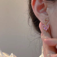 Thumbnail for Dainty Pink Rhinestone Heart Pendant Chain Necklace Dangle Earrings Set - ArtGalleryZen