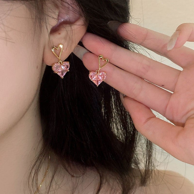 Dainty Pink Rhinestone Heart Pendant Chain Necklace Dangle Earrings Set - ArtGalleryZen