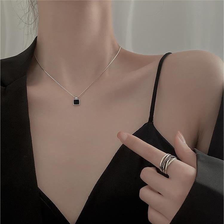 Dainty S925 Sterling Silver Enamel Square Pendant Box Chain Necklace - ArtGalleryZen