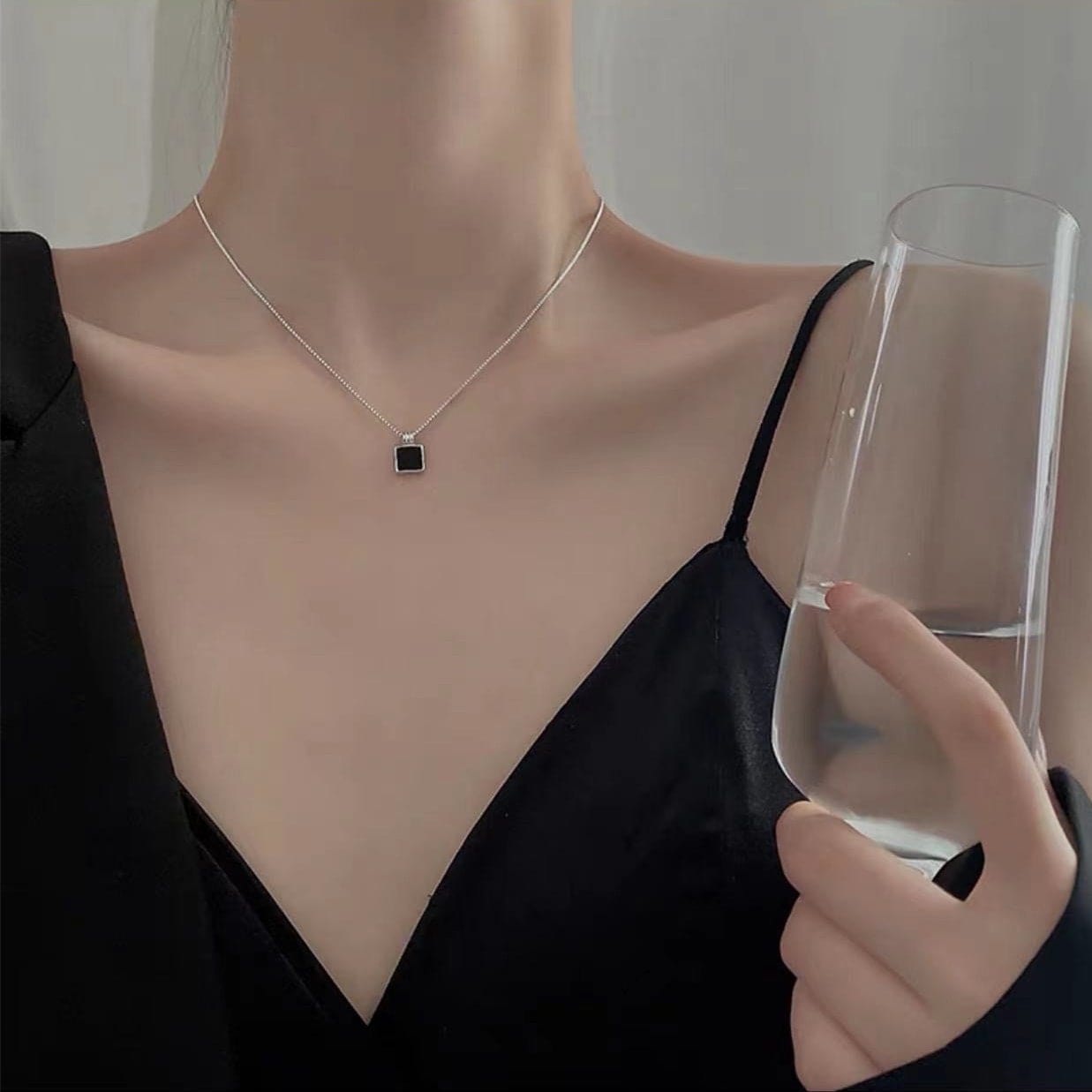 Dainty S925 Sterling Silver Enamel Square Pendant Box Chain Necklace - ArtGalleryZen