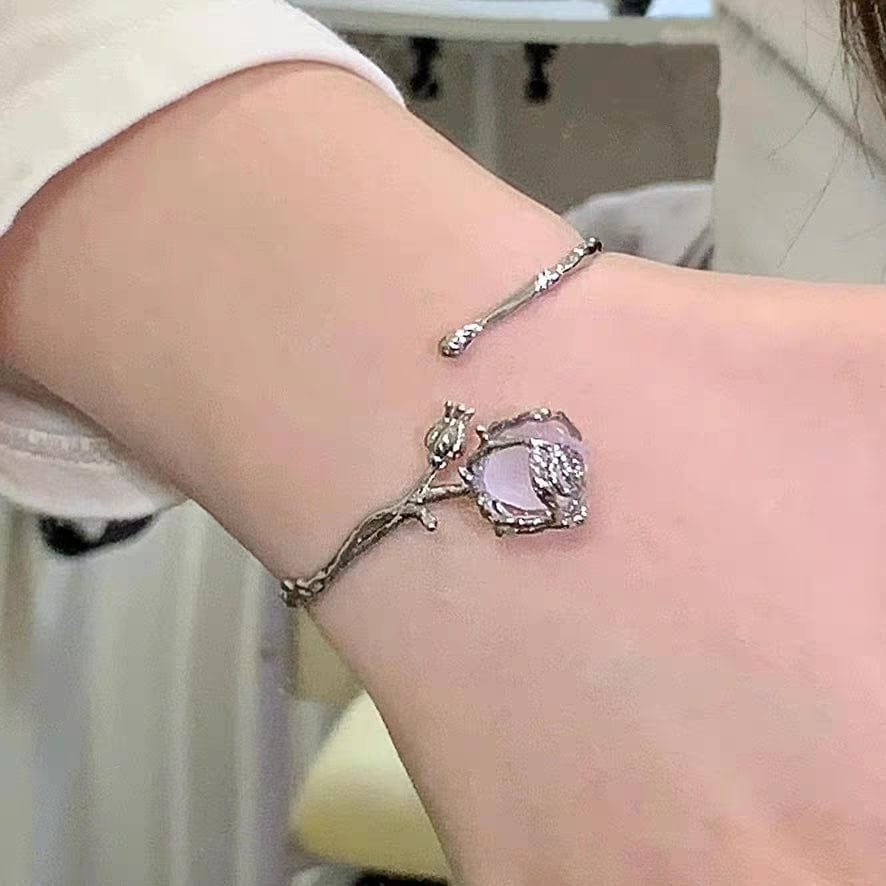 Geometric Healing Stone Rose Bangle Bracelet - ArtGalleryZen