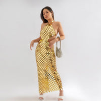 Thumbnail for Handmade Gold Silver Rose Red Glitter Strappy Mirror Sequin Dress - ArtGalleryZen