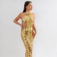 Thumbnail for Handmade Gold Silver Rose Red Glitter Strappy Mirror Sequin Dress - ArtGalleryZen