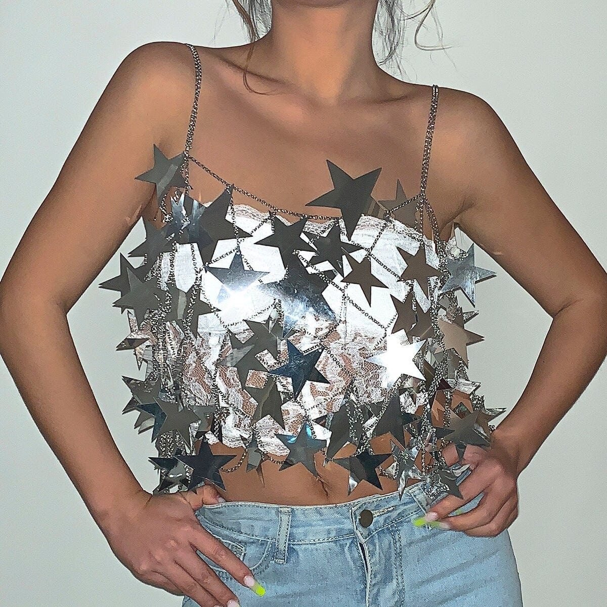 Handmade Hollow Glitter Star Sequins Sleeveless Tank Top - ArtGalleryZen