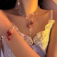 Thumbnail for Handmade Real Dried Rosebud Crystal Floral Pearl Tassel Necklace Dangle Earrings Bracelet Set - ArtGalleryZen