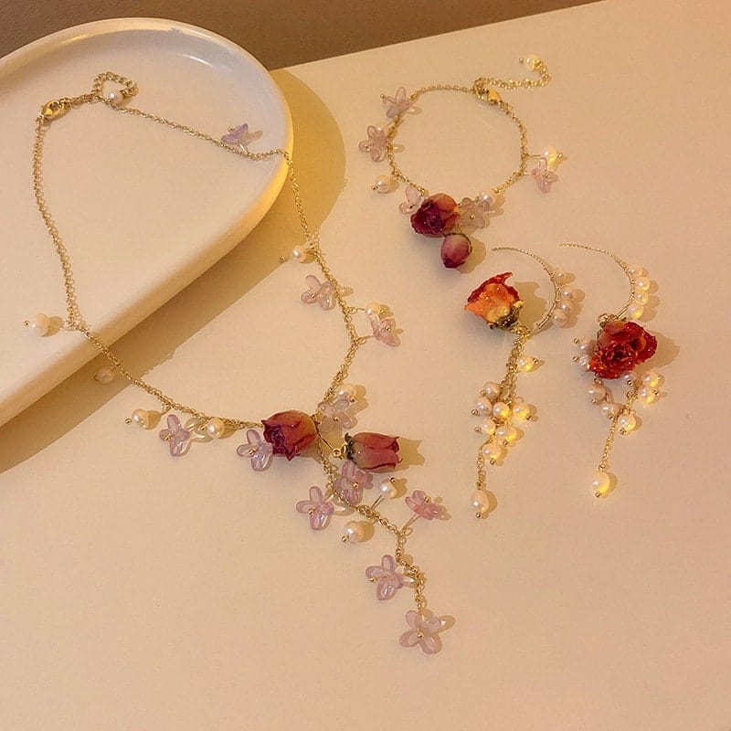 Handmade Real Dried Rosebud Crystal Floral Pearl Tassel Necklace Dangle Earrings Bracelet Set - ArtGalleryZen