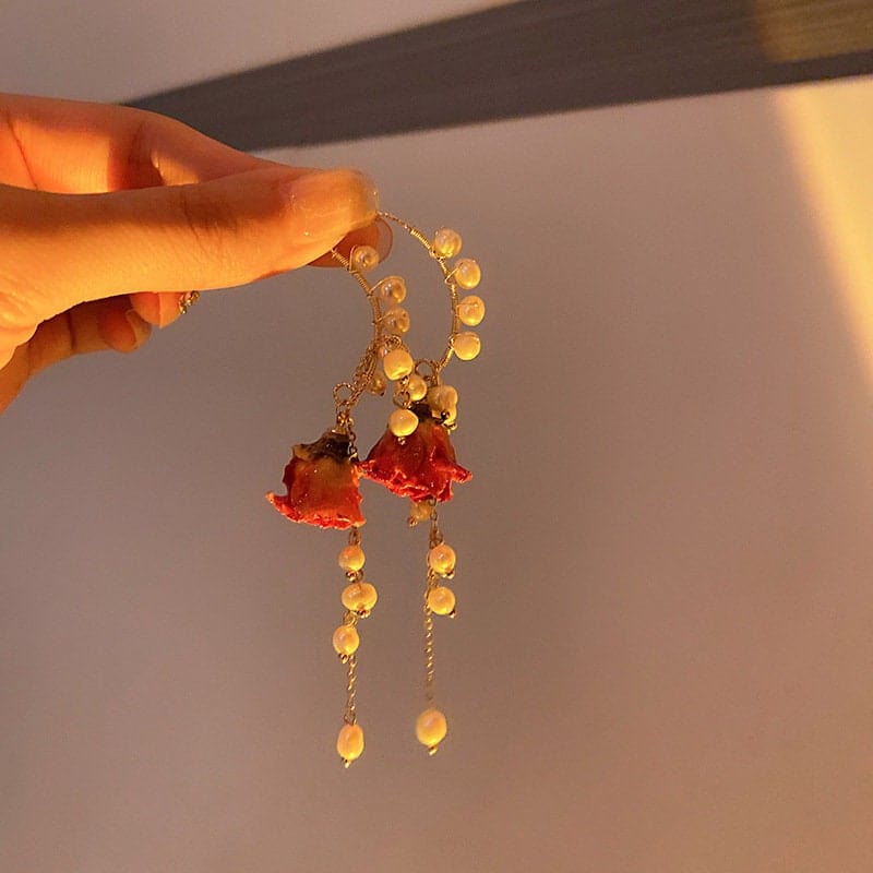 Handmade Real Dried Rosebud Crystal Floral Pearl Tassel Necklace Dangle Earrings Bracelet Set - ArtGalleryZen