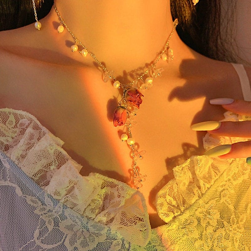 Handmade Real Dried Rosebud Crystal Floral Pearl Tassel Necklace Dangle Earrings Bracelet Set - ArtGalleryZen
