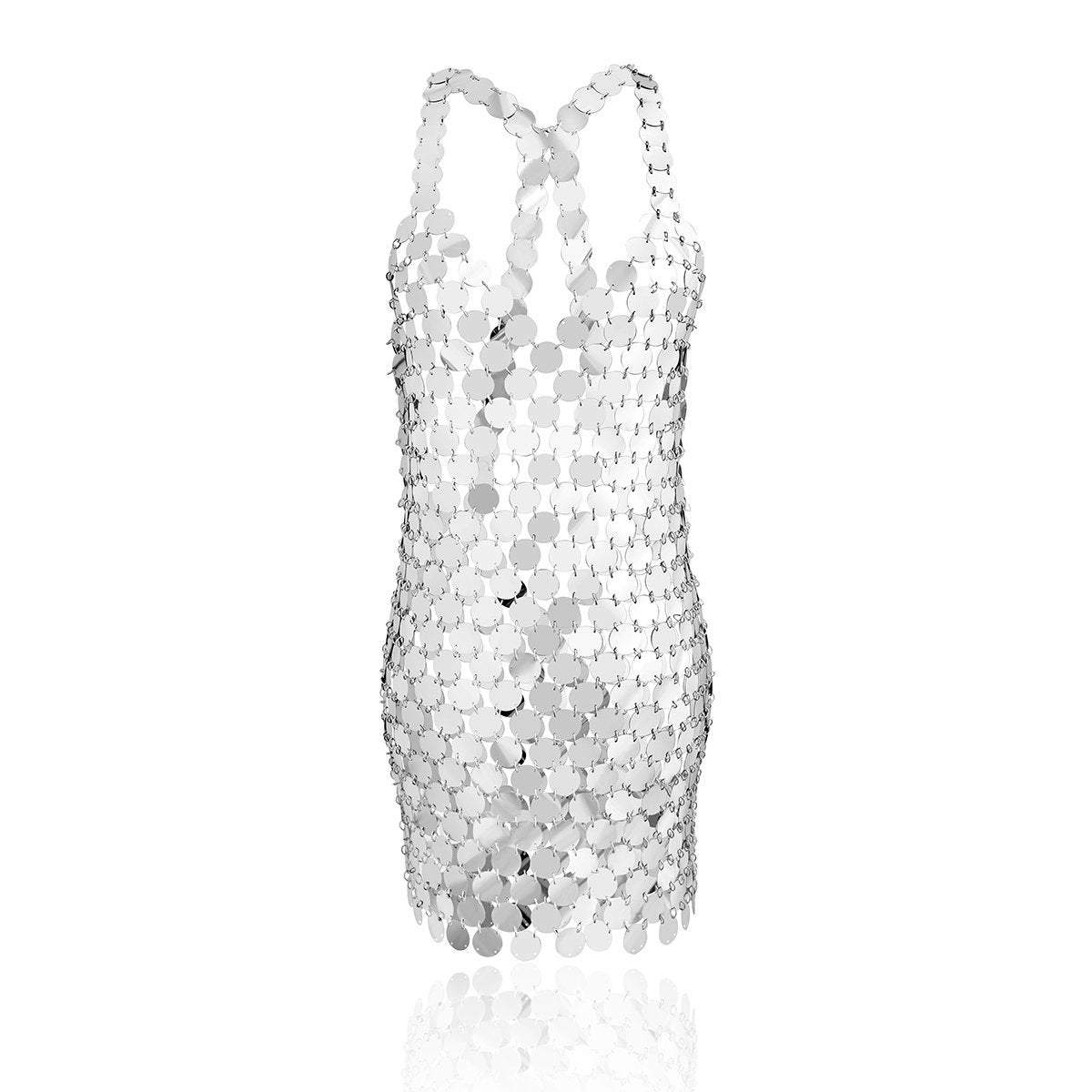 Handmade squamous Sequins Patchwork Nightclub Party Dress - Sequin Tops Glitter Party Strappy Tank Top - ArtGalleryZen