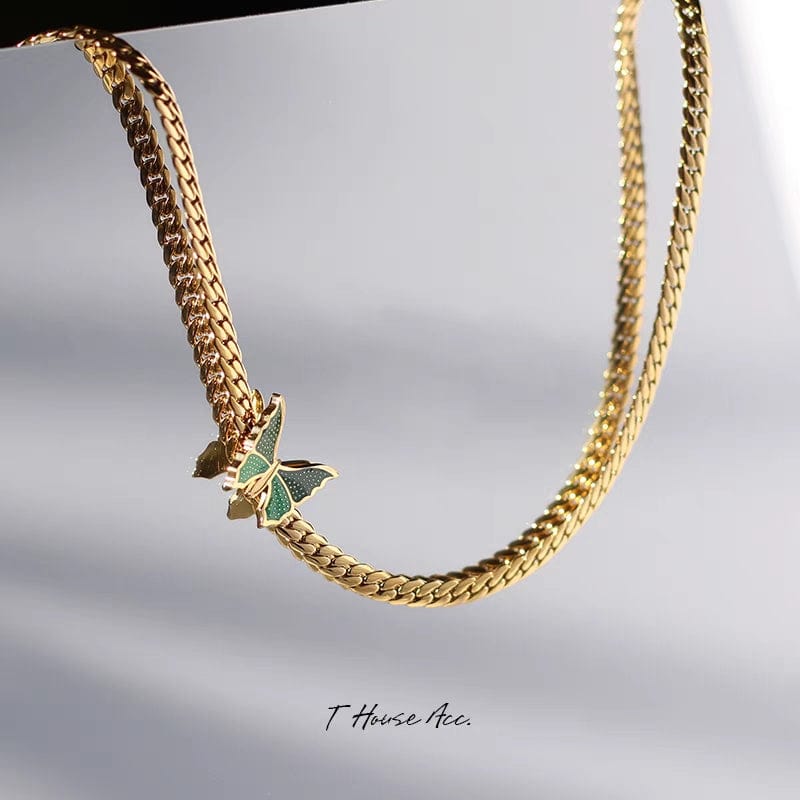 Stainless Steel Gold Plated Enamel Butterfly Necklace - ArtGalleryZen