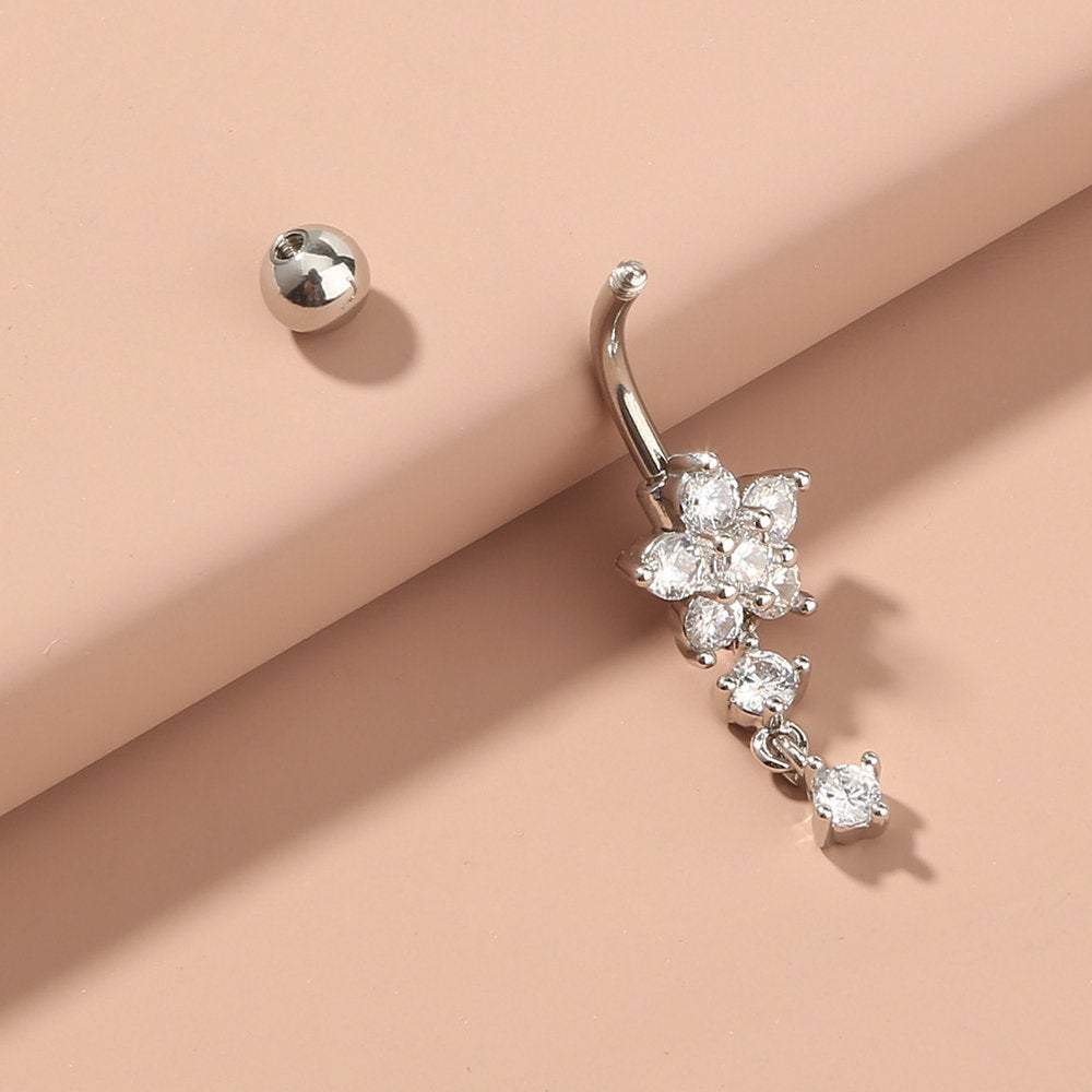 Surgical Stainless Steel Zircon Floral Dangle Piercing Navel Ring - ArtGalleryZen