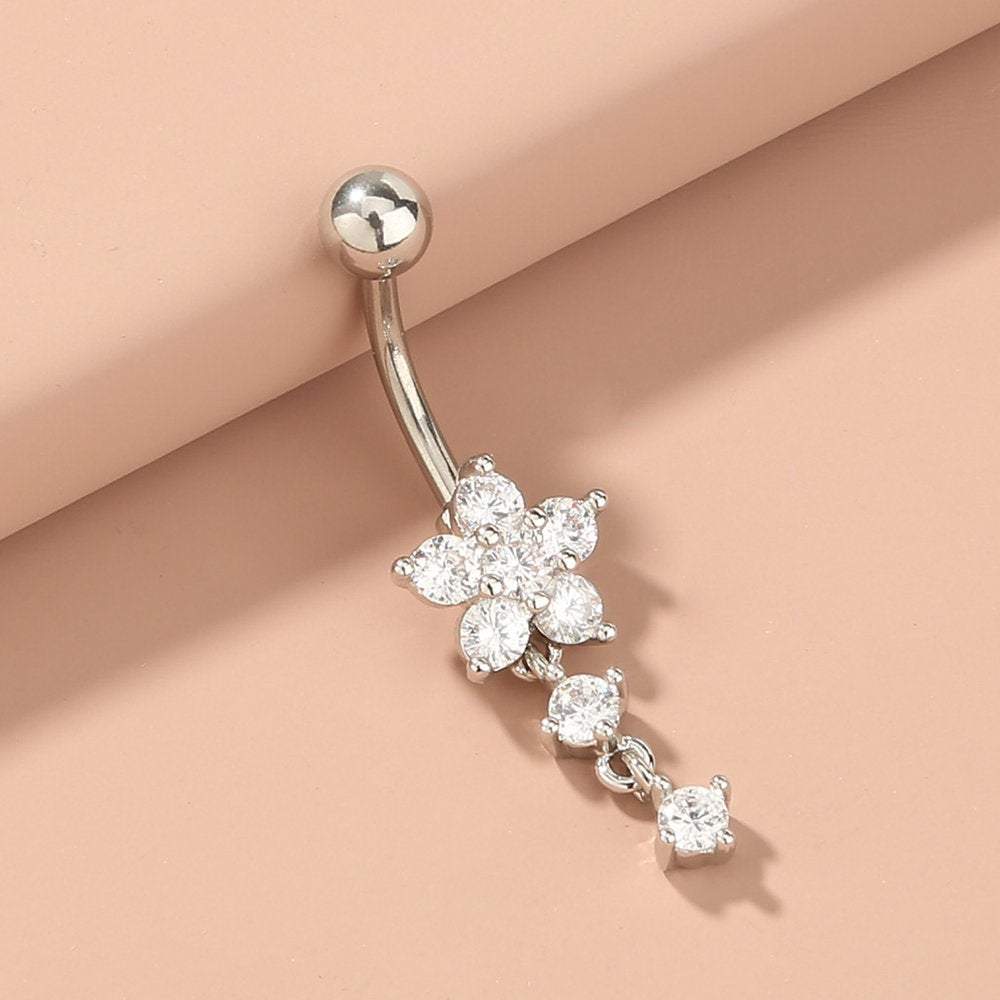 Surgical Stainless Steel Zircon Floral Dangle Piercing Navel Ring - ArtGalleryZen