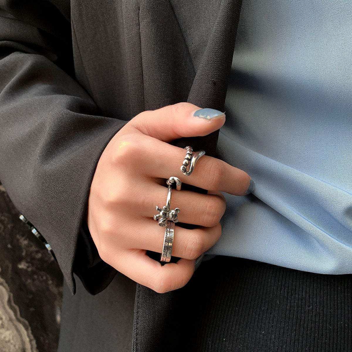 Trendy 3 Pieces Silver Plated Teddy Ring Set - ArtGalleryZen